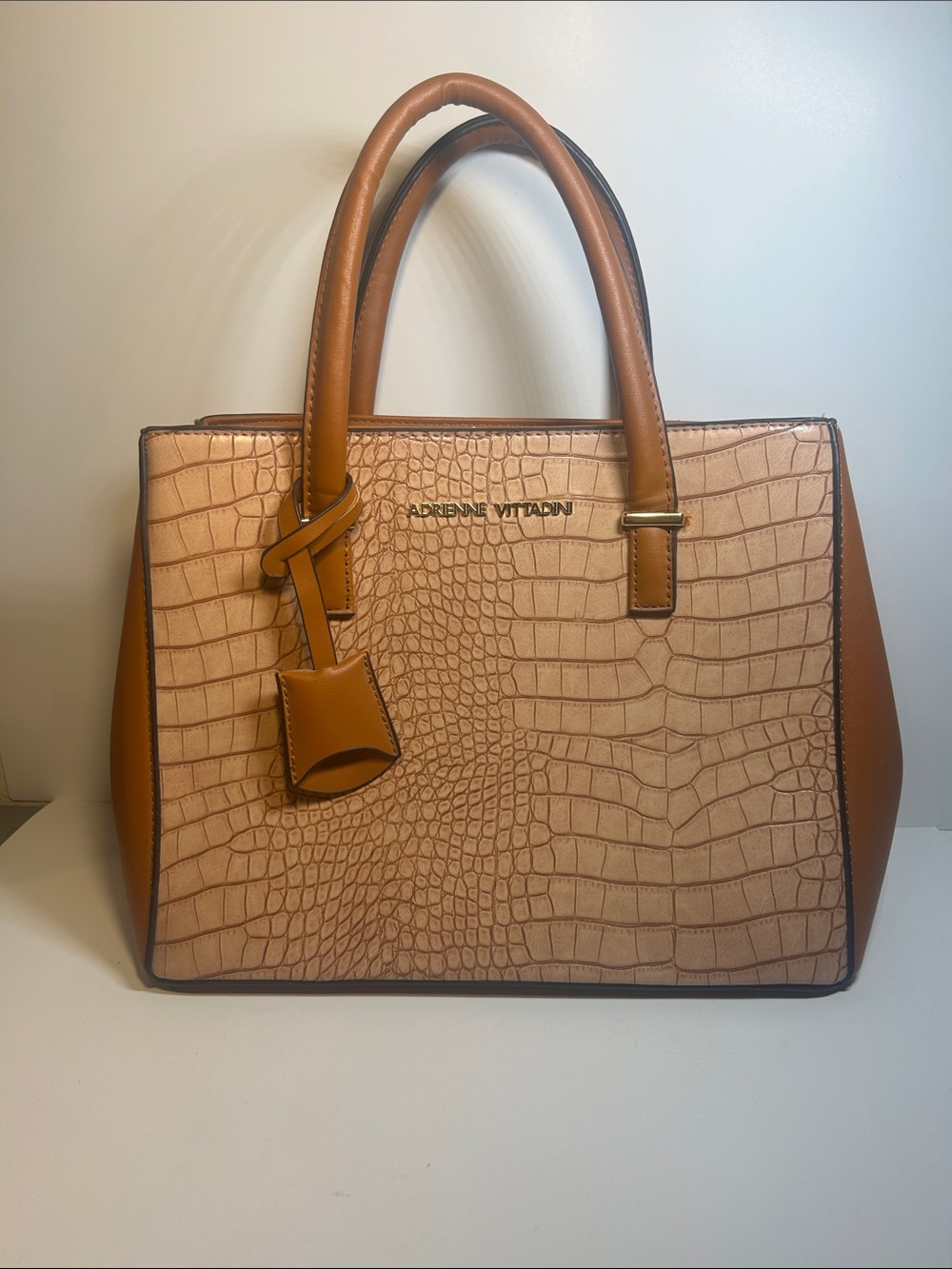 Adrienne Vittadini Tan Croc-Embossed Satchel with Cognac Trim